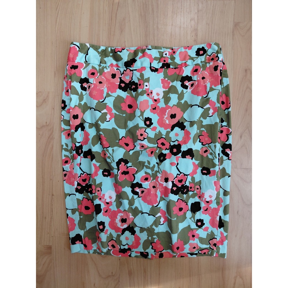 Lane Bryant Floral Pencil Skirt Turquoise Pink Cotton Stretch Sz 14 Knee-Length
